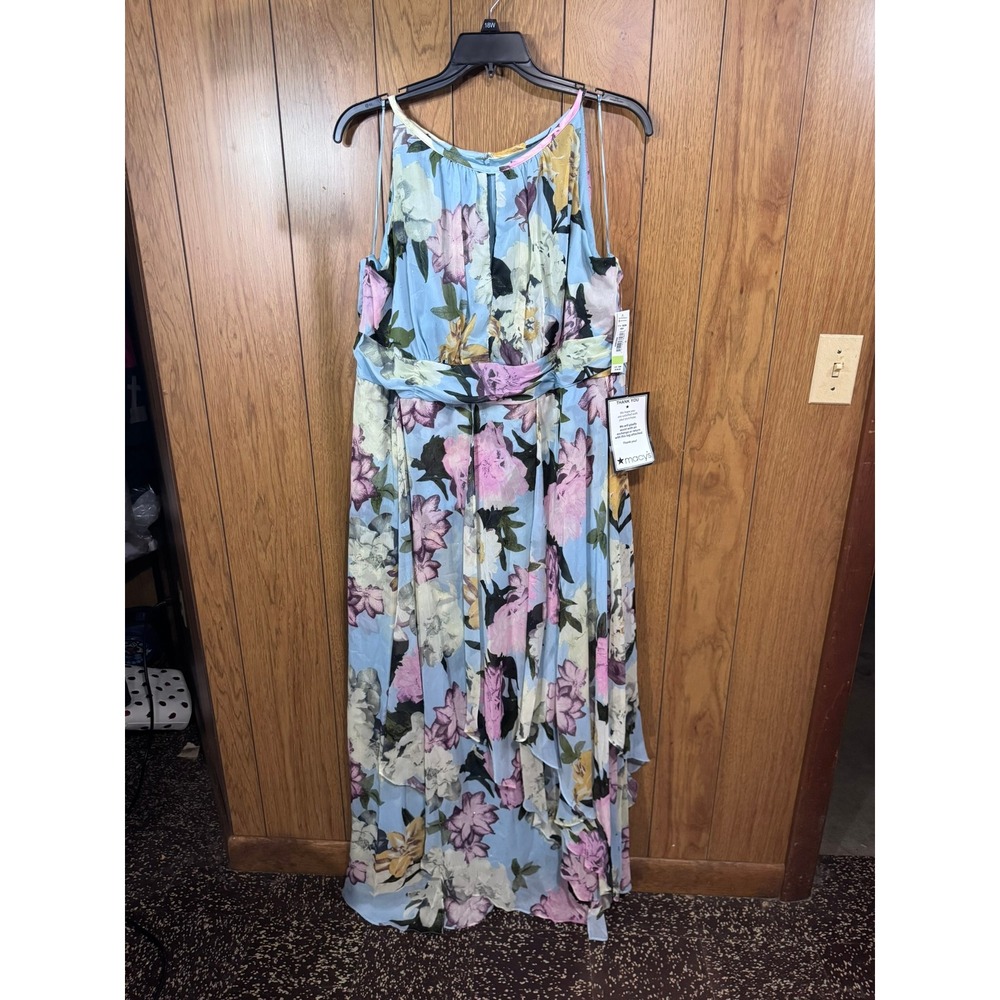 R&M Richards Aqua Blue Floral Chiffon Maxi Dress 18W 3628W Ruched Waist Gown